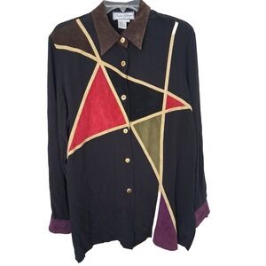 Vintage Diane Gilman Silk Blouse Suede Patches Cuffs Collar Gold Trim Size Large